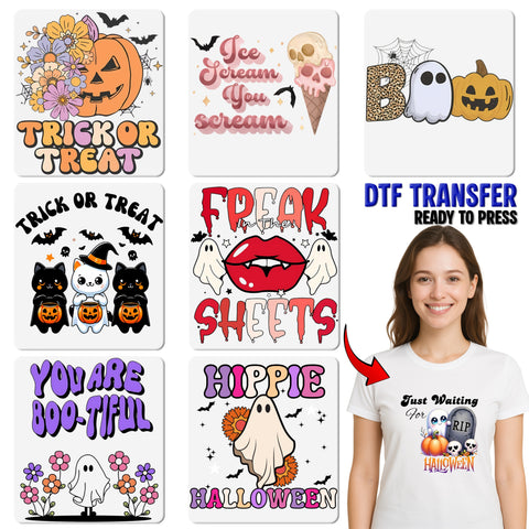 Cute Spooky Halloween DTF Transfer Iron-On Ready To Press for Apparel - Funny Ghosts & Bats for Party Enthusiasts