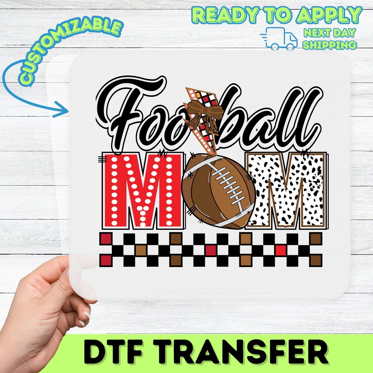 Cute Football Mom DTF Transfer Iron-On T-Shirt Design, Ready To Press Sports Theme with Leopard Print for Game Day