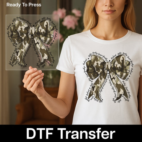 Camouflage Bow DTF Transfer Ready To Press Iron-On Cute Country Chic T-Shirt Outdoor Enthusiasts Camping Apparel