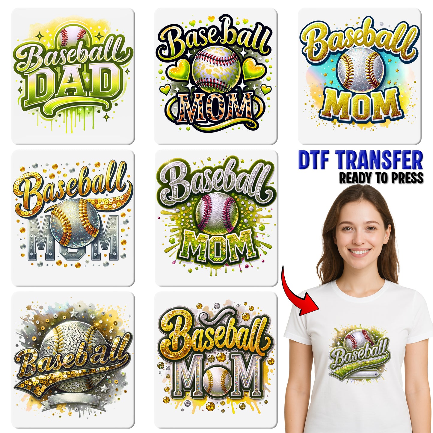 Baseball Mom DTF Transfer Ready To Press Dazzling Sports Mom Apparel Cute Glitter Shirt Gift