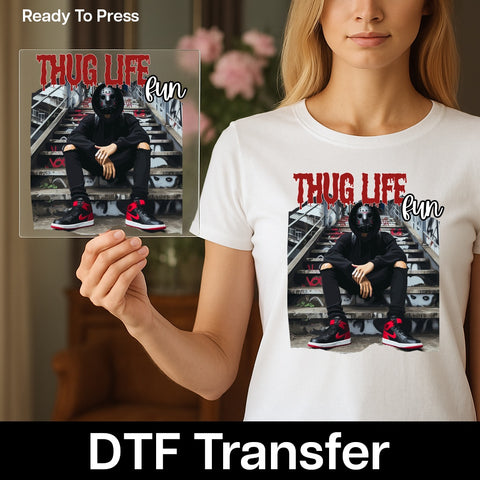Menacing Mask Urban Streetwear DTF Transfer for Edgy Halloween Apparel & T-Shirts, Thug Life Fun Graffiti Iron-On