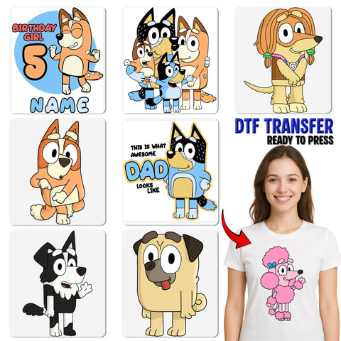 Cute Cartoon Dog DTF Transfer for Family Apparel - Ready to Press Iron-On for Kids & Dog Lovers