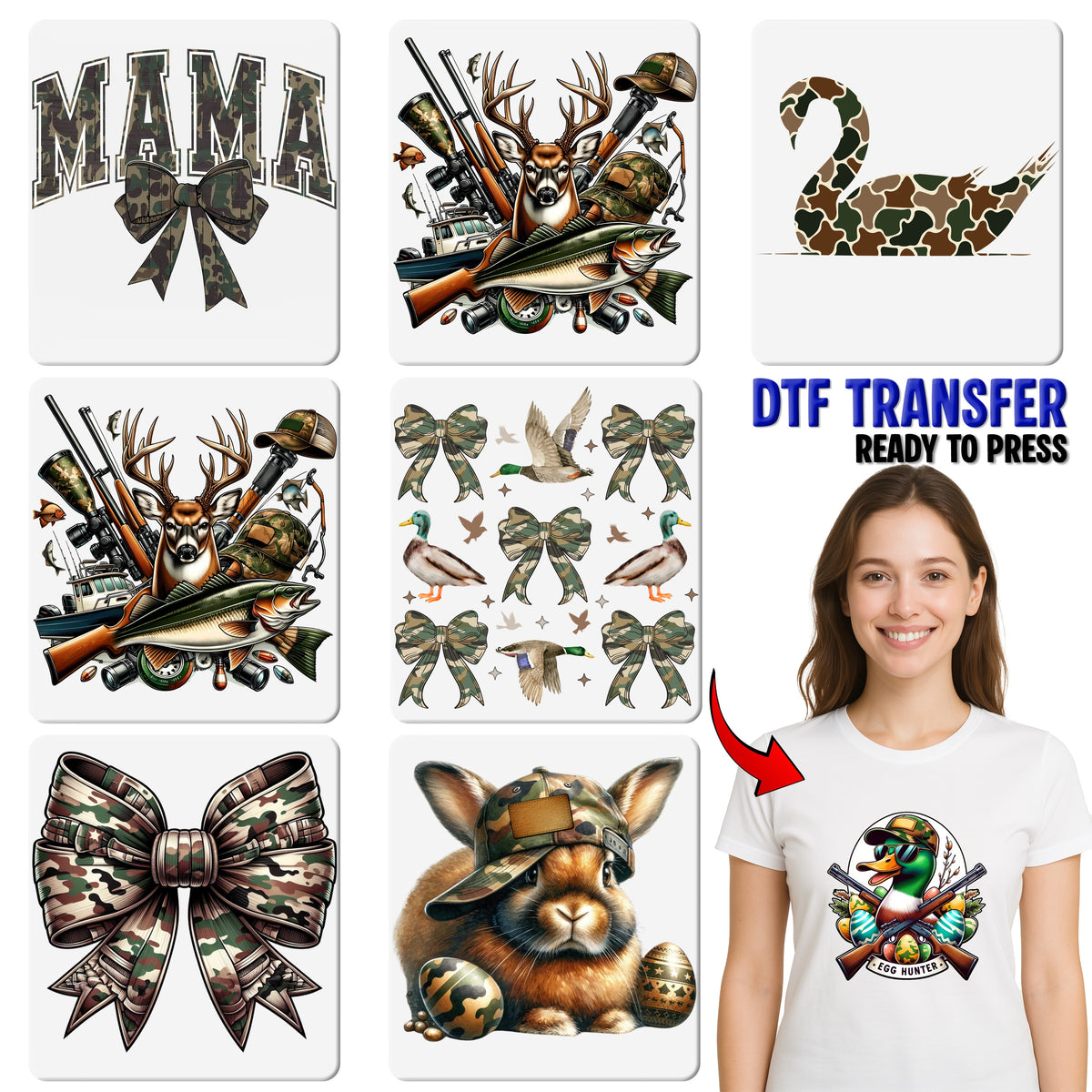 Iron-on funny hunting duck camo DTF transfer for family adventure apparel & outdoorsmen shirt ready to press