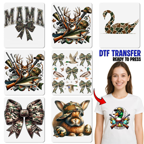 Iron-on funny hunting duck camo DTF transfer for family adventure apparel & outdoorsmen shirt ready to press