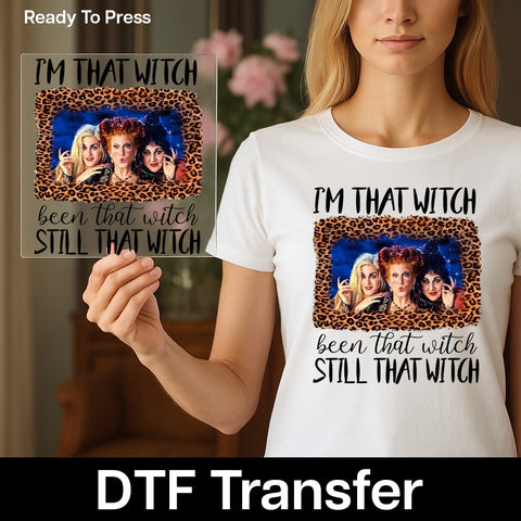 Sanderson Sisters inspired funny Halloween DTF transfer for nostalgic witchy apparel, ready to press iron-on design
