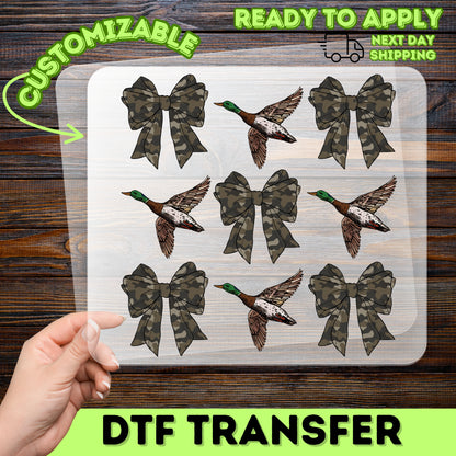 Camouflage Bow & Mallard Duck Hunting-Themed DTF Transfer for Rustic Nature Enthusiast Apparel