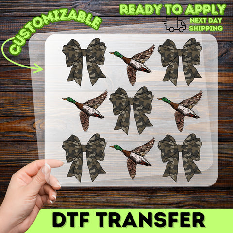 Camouflage Bow & Mallard Duck Hunting-Themed DTF Transfer for Rustic Nature Enthusiast Apparel