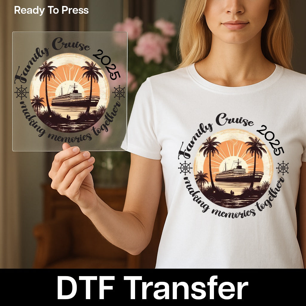 Retro Family Cruise DTF Transfer for Vacation, Cute Sunset Shirt Design, Ready to Press Iron-On for Group & Family Apparel
