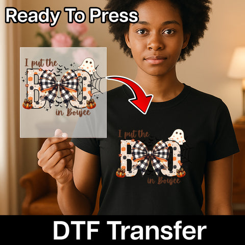 Cute Boujee Halloween DTF Transfer - I Put the BOO in Boujee - Ready To Press Funny Ghost & Pumpkin Iron-On for Fashionable Women Shirt