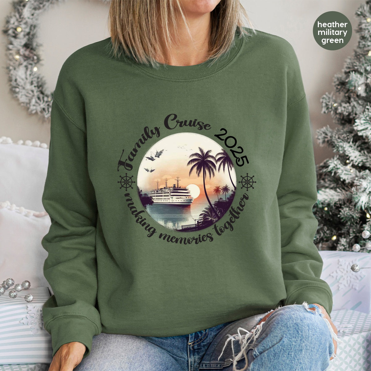 Nautical Family Cruise DTF Transfer for Travel Apparel, Ready to Press Vintage Sunset Palm Tee for Vacationers & Adventure Seekers