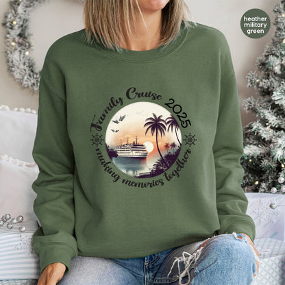 Nautical Family Cruise DTF Transfer for Travel Apparel, Ready to Press Vintage Sunset Palm Tee for Vacationers & Adventure Seekers