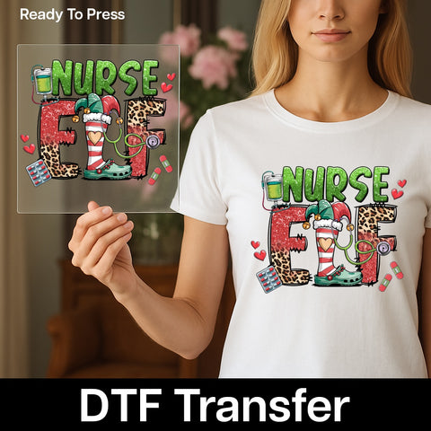 Nurse Elf Christmas DTF Transfer | Glittery Ready To Press Iron-On for Cute Nurse T-Shirt Apparel