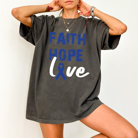 Faith Hope Love DTF Transfer Blue Ribbon Motivational Apparel Ready To Press Inspirational T-Shirt Cancer Awareness