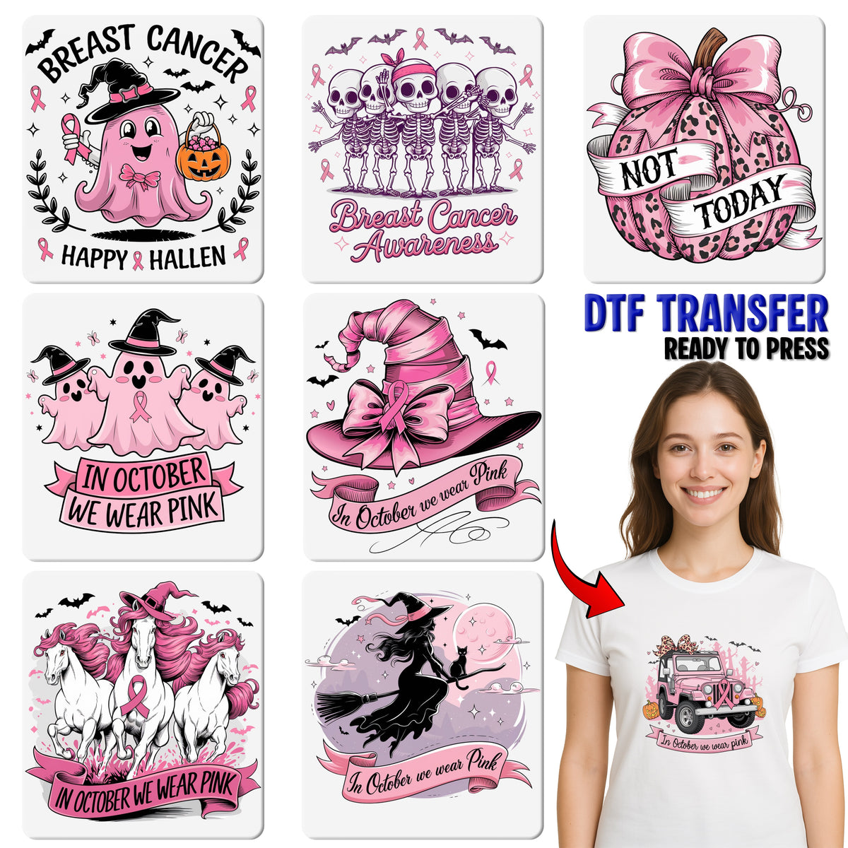 Cute Ghosts with Witch Hats & Pink Ribbon DTF Transfer for Halloween Breast Cancer Awareness Shirts