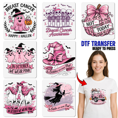 Cute Ghosts with Witch Hats & Pink Ribbon DTF Transfer for Halloween Breast Cancer Awareness Shirts