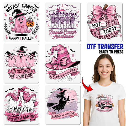 Cute Ghosts with Witch Hats & Pink Ribbon DTF Transfer for Halloween Breast Cancer Awareness Shirts
