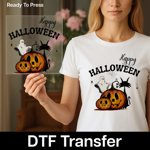 Cute Halloween Jack-o'-lantern Ghost & Black Cat DTF Transfer Ready To Press for Family Shirts