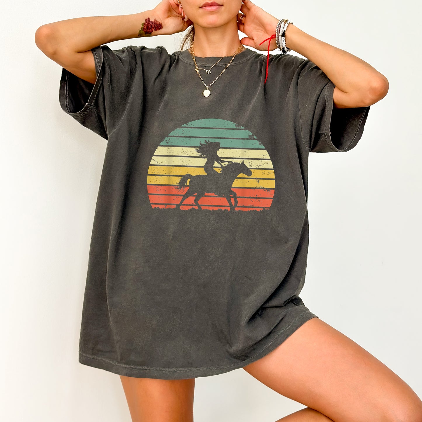 Retro Horseback Riding Sunset DTF Transfer for Equestrian Apparel Nostalgic Outdoor Horse Rider Gift Iron-On