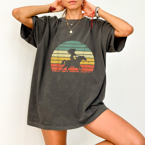 Retro Horseback Riding Sunset DTF Transfer for Equestrian Apparel Nostalgic Outdoor Horse Rider Gift Iron-On