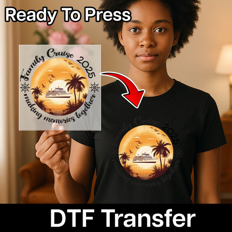 Retro Family Cruise DTF Transfer for Memorable Trips with Palm Sunset & Nautical Vibe, Ideal Ready To Press Shirt for Reunion