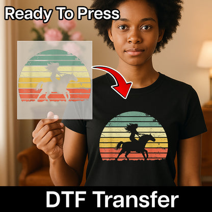 Retro Horseback Riding Sunset DTF Transfer for Equestrian Apparel Nostalgic Outdoor Horse Rider Gift Iron-On