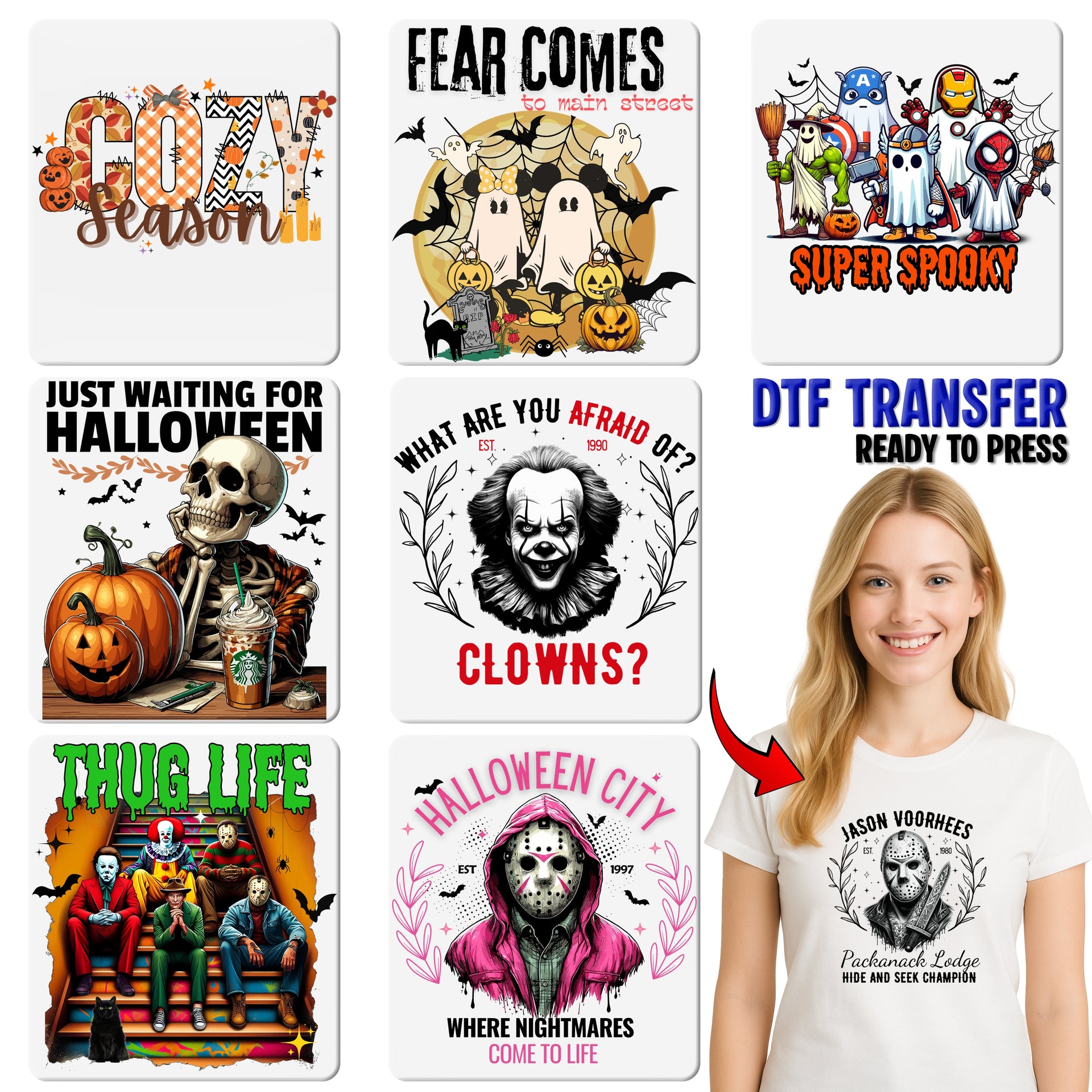 Funny Halloween Thug Life Horror Characters DTF Transfer Iron-On for T-Shirt & Sweatshirt Halloween Pop Culture Fans
