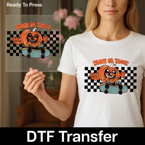 Playful Halloween Pumpkin DTF Transfer - Trick or Treat Skateboarding Design for Fun Apparel
