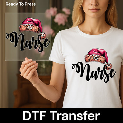 Festive Nurse Leopard Santa Hat DTF Transfer Iron-On Ready to Press Christmas Nurse T-Shirt Apparel