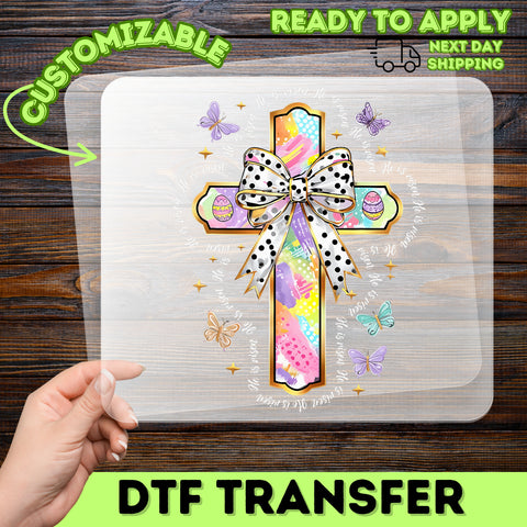 Easter He is Risen DTF Transfer, Religious Easter Cross with Butterflies for Christian Apparel, Ready to Press T-Shirt Design