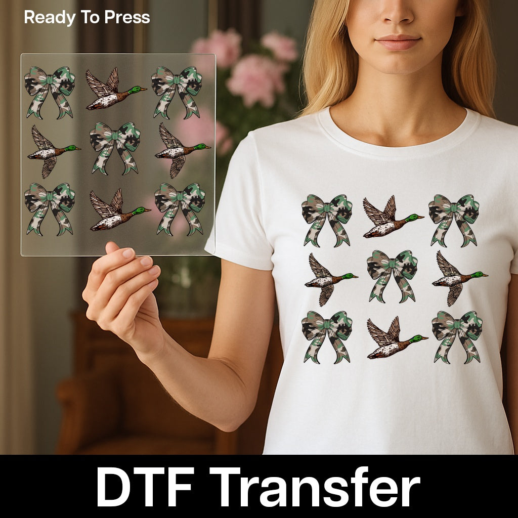Rustic Outdoors Mallard Ducks & Camouflage Bows DTF Transfer for Hunting Enthusiast Shirts - Nature-Inspired Ready To Press Design