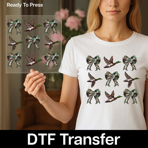 Rustic Outdoors Mallard Ducks & Camouflage Bows DTF Transfer for Hunting Enthusiast Shirts - Nature-Inspired Ready To Press Design