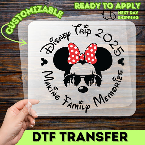 Cute Theme Park Adventure Mouse Bow Sunglasses DTF Transfer Ready To Press for Family & Friends Vacation T-Shirts