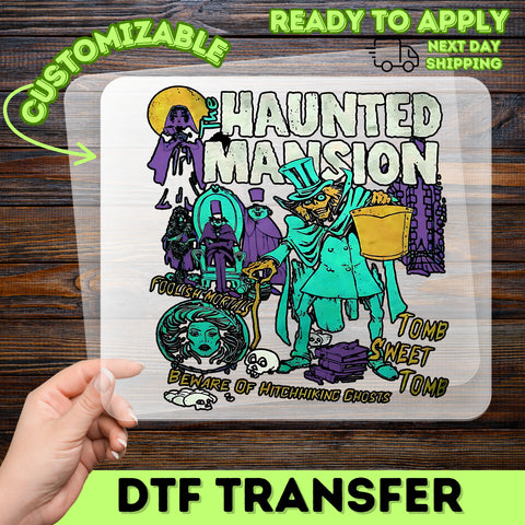 Funny Haunted Mansion Halloween DTF Transfer Iron-On for Disney Fans & Halloween Enthusiasts - Ready to Press Cute Ghostly T-Shirt Design