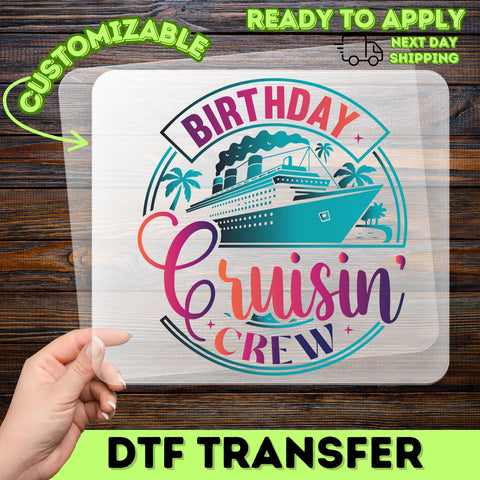 Birthday Cruise Celebration Retro Tropical DTF Transfer, Ready To Press Iron-On for Shirts, Birthday Cruisin' Crew T-Shirt Design