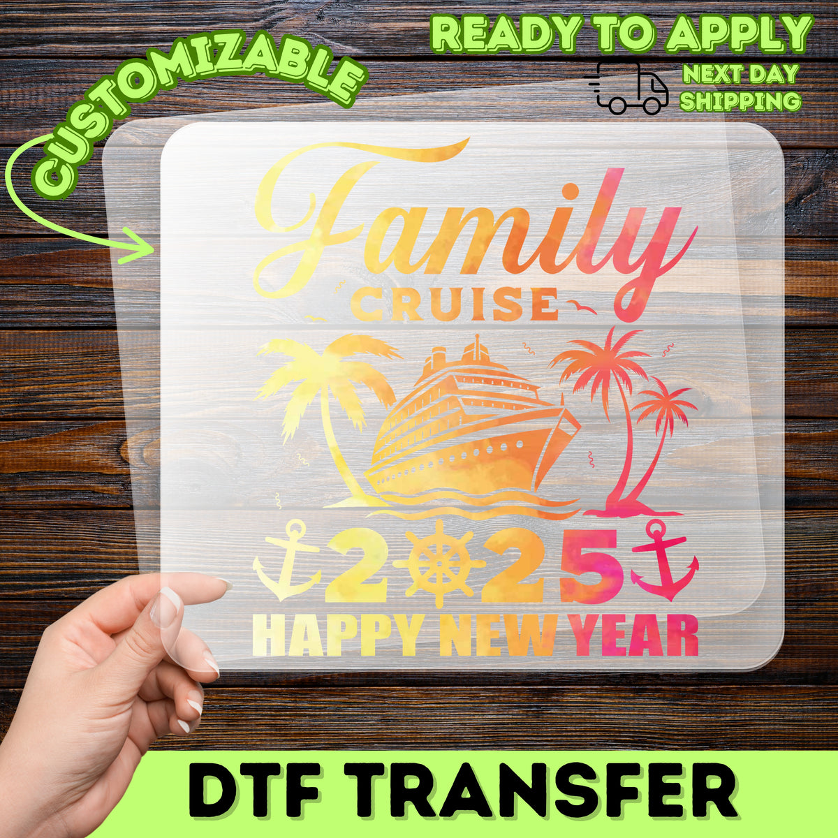 Iron-On New Year Cruise DTF Transfer 2025 | Retro Nautical Family T-Shirt & Apparel for Celebrations Ready to Press