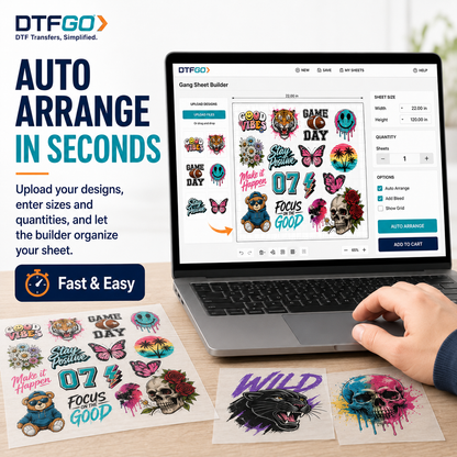 DTFGO gang sheet builder – auto arrange your designs in seconds