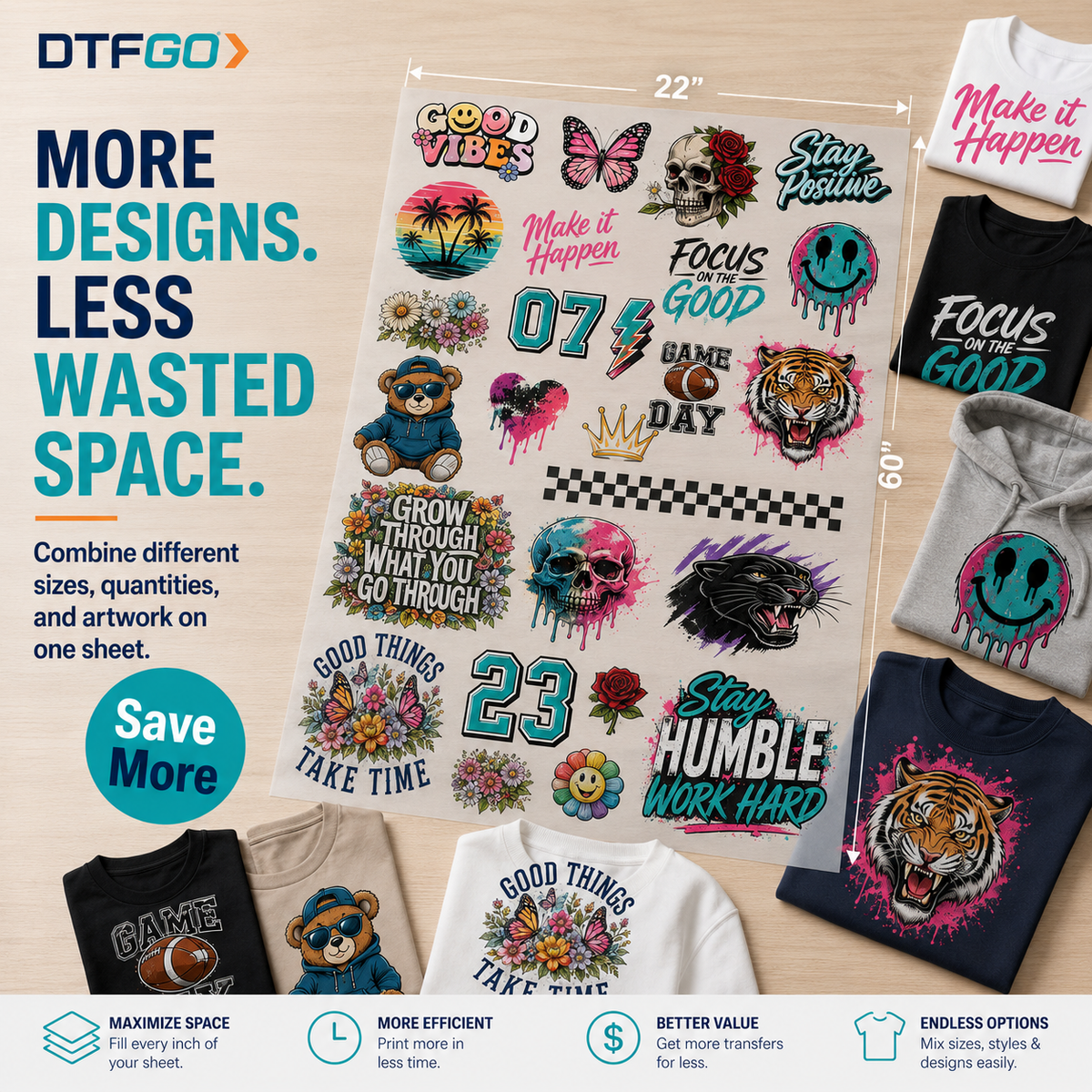 DTF gang sheet – more designs, less wasted space