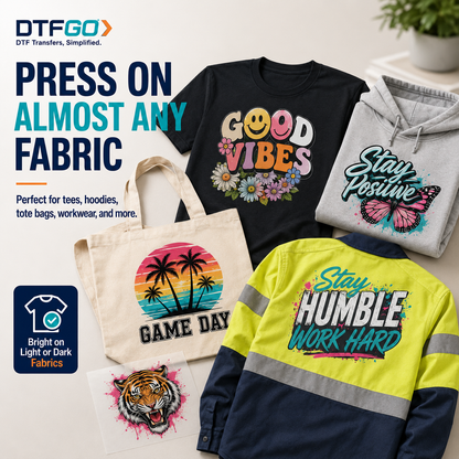 DTF transfers press on almost any fabric – light or dark