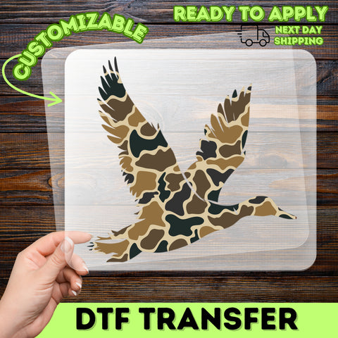 Camouflage Duck DTF Transfer for Outdoor Enthusiasts Iron-On Nature Wildlife Apparel Ready To Press Eco-Friendly T-Shirt