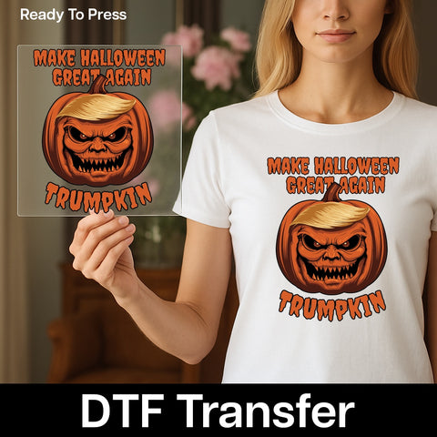 Iron-On Funny Halloween Pumpkin DTF Transfer Ready To Press for Trumpkin Fans T-Shirt or Sweatshirt Apparel