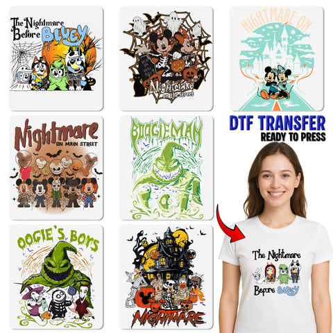 Funny Halloween Skeleton Characters DTF Transfer Iron-On for Family Shirts, Retro Spooky Cartoon Apparel, Perfect for Halloween Parties