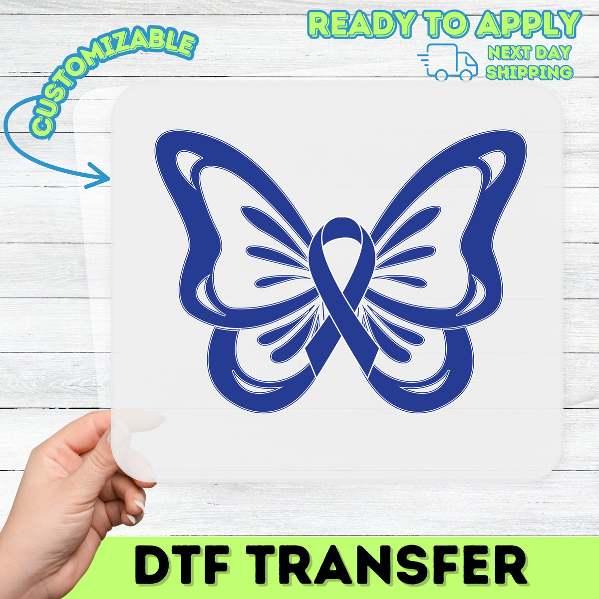 Blue Ribbon & Butterfly Awareness DTF Transfer for Group Support Apparel - Ready to Press Iron-On for Awareness T-shirts