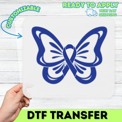 Blue Ribbon & Butterfly Awareness DTF Transfer for Group Support Apparel - Ready to Press Iron-On for Awareness T-shirts