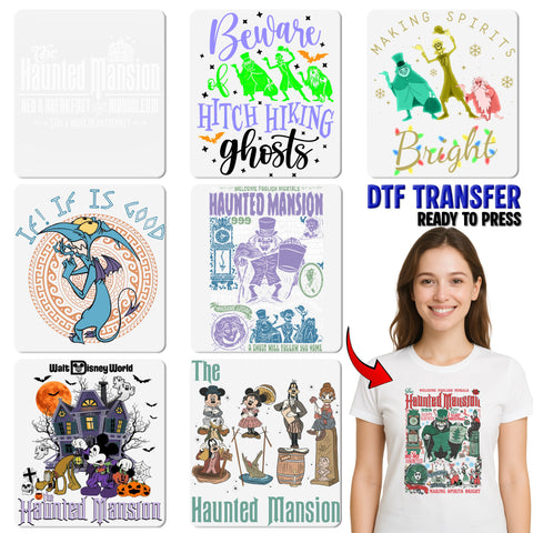 Funny Halloween Cartoon Spooky Haunted Mansion DTF Transfer Ready to Press Iron-On for Cute Group T-Shirts & Sweatshirts