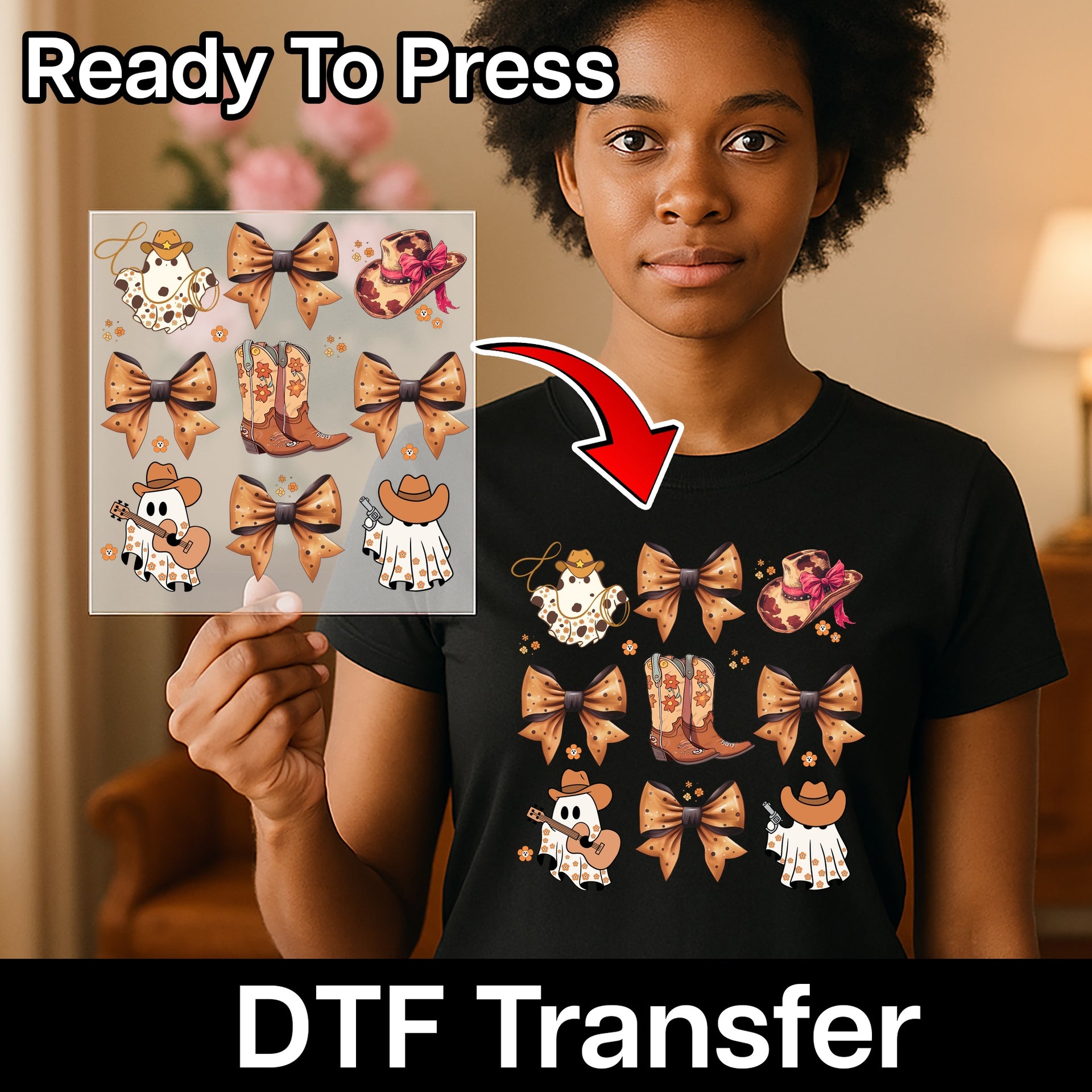 Cute Cowboy Ghost DTF Transfer Iron-On for Halloween Apparel - Ready to Press Seasonal Fun for Moms & Teachers