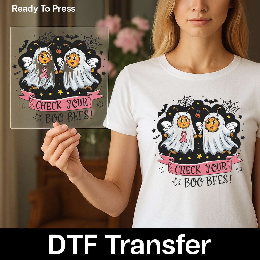 Funny Halloween Boo Bees DTF Transfer Iron-On for Women Shirt Breast Cancer Awareness Cute Ghost Theme
