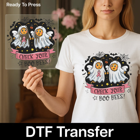 Funny Halloween Boo Bees DTF Transfer Iron-On for Women Shirt Breast Cancer Awareness Cute Ghost Theme