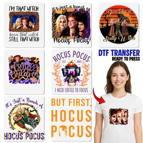 Iron-On Halloween Witch DTF Transfer for Funny Hocus Pocus Shirt, Ready to Press Retro Spooky Apparel for Movie Night Fans & Groups