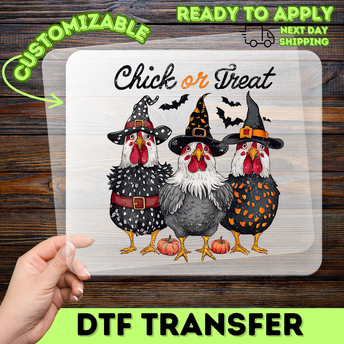 Iron-On Funny Halloween Chick or Treat DTF Transfer for T-Shirts & Apparel - Cute Witch Chicken Ready To Press Design