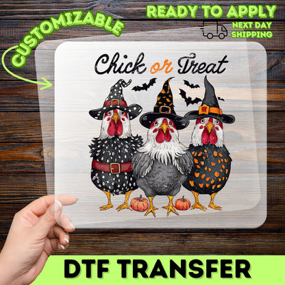 Iron-On Funny Halloween Chick or Treat DTF Transfer for T-Shirts & Apparel - Cute Witch Chicken Ready To Press Design